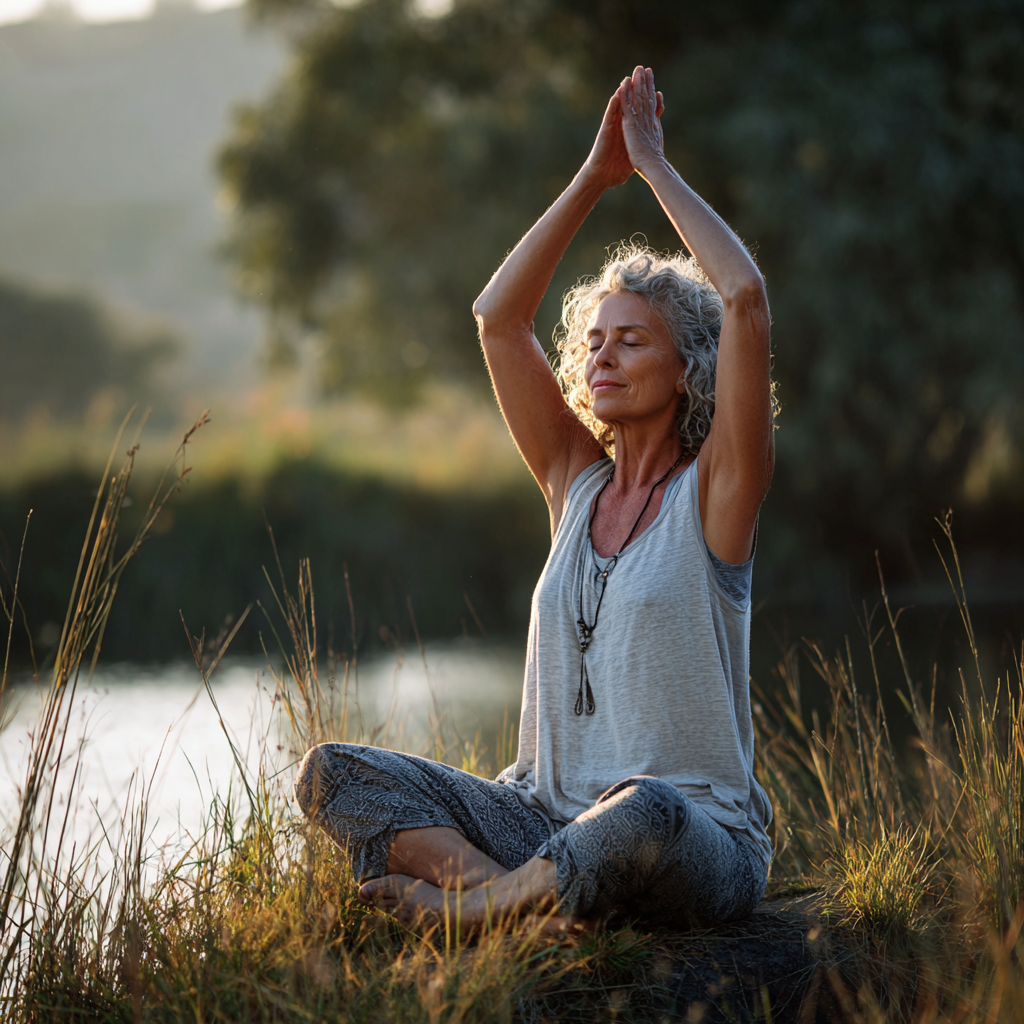 mature woman practicing gentle yoga pose in peaceful natural setting