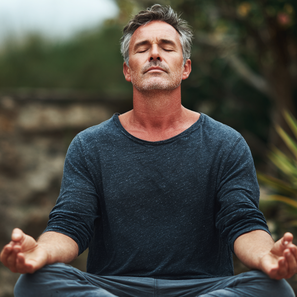 middle-aged man in meditation pose surrounded by natural elements